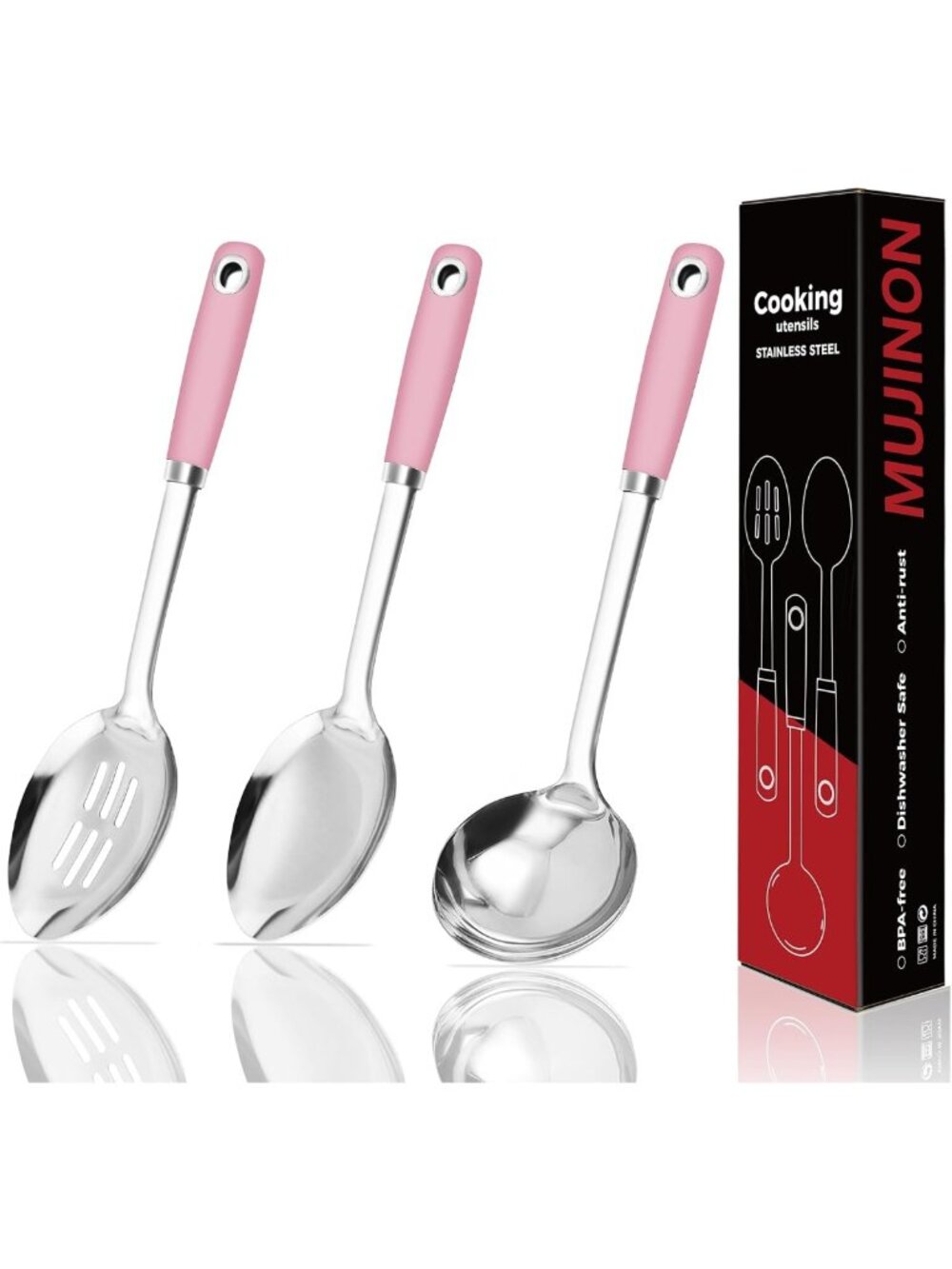14-Piece Pink Cooking Spoon Set - Heavy Duty Stainless Steel, Slotted & Ladle